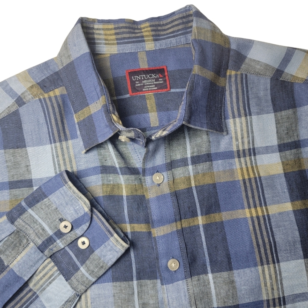 UNTUCKit Tribuno Blue Plaid 100% Linen Wrinkle-Resistant Shirt M - Picture 5 of 5